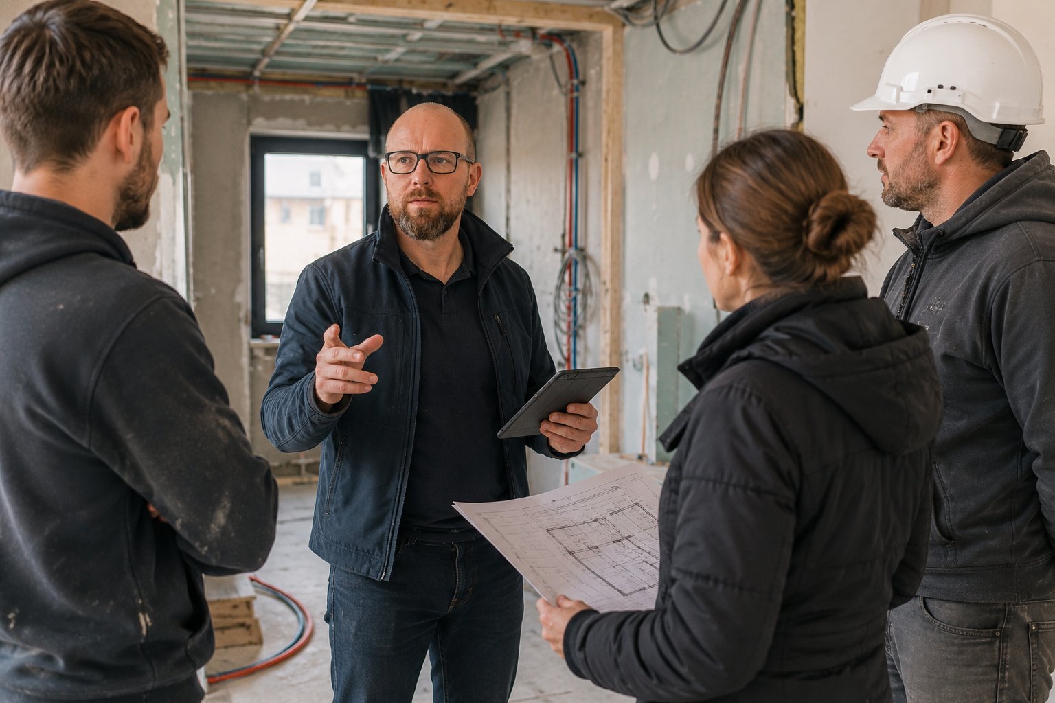Réunion de chantier AMO Kléoshome avec artisans Loire-Atlantique